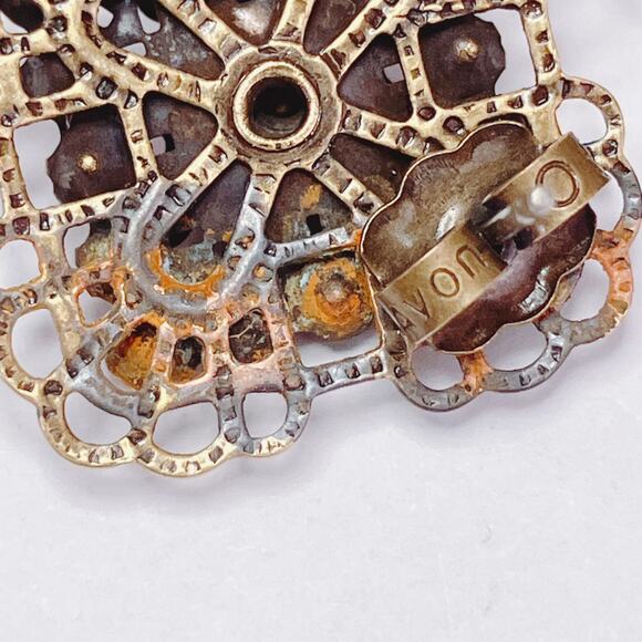 Vintage Signed Avon 1970s Square Gold Tone Filigree Amber Rhinestone Earrings - Picture 9 of 10